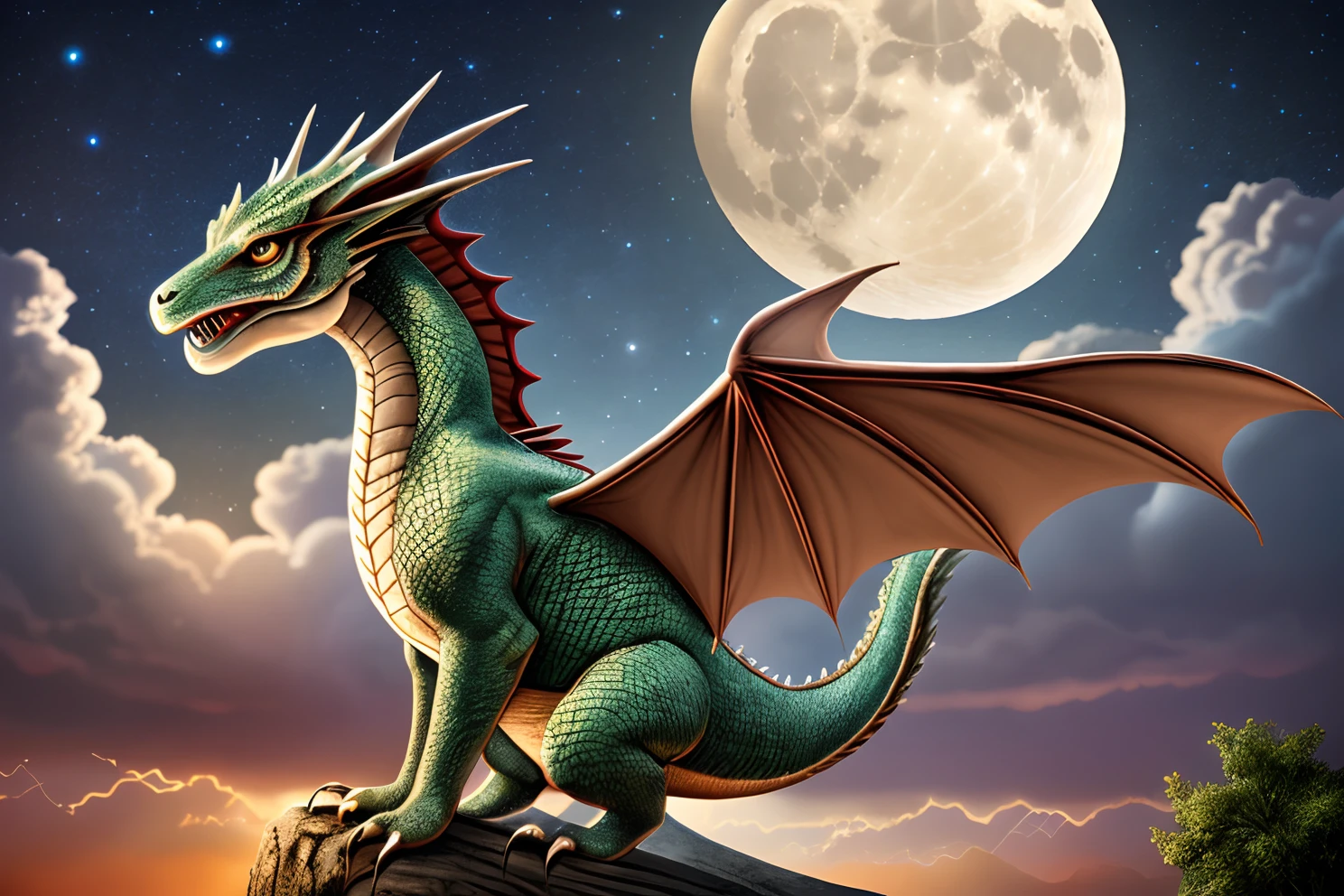 baby dragon flying in the background a gaint moon and clear night thunderstorm, 8k hyperrealistic --auto --s2