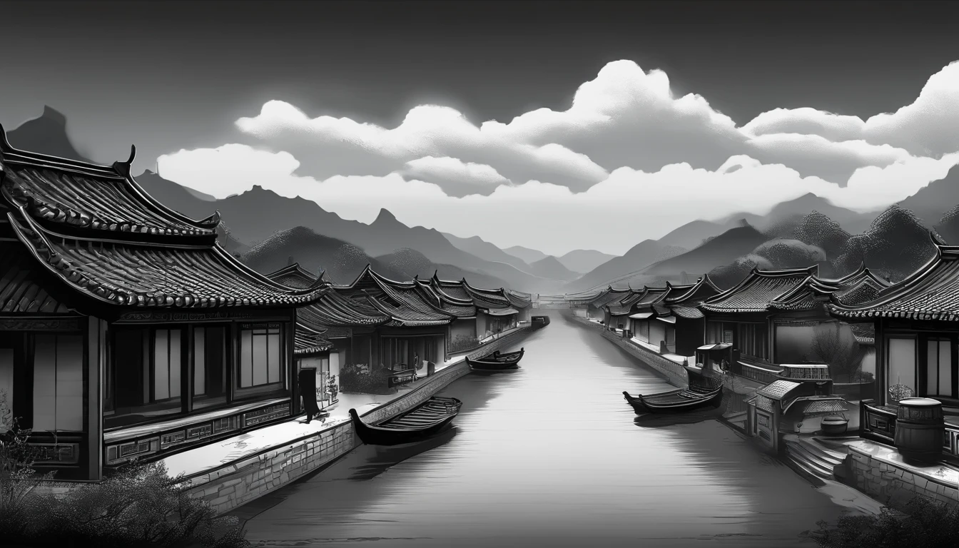 A Chinese-style village in black and white,Asian Village, Field landscape, quaint village, old village in the distance, small village, neo noir style, neo noir style, drawn in a neo - noir style,Black environment, drawn in a noir style