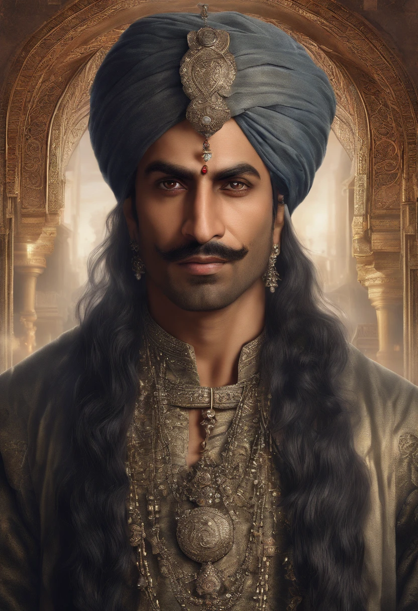 Mughal king, has a big scar on his left eye, five foot seven inch height, strongly built, dark complexion, man around 45 years old, natural black hair, distinctive blue eyes, wearing a kings cloths, slender and graceful, beautiful, candlelight in a medieval setting, ultra sharp focus, realistic shot, mughal male clothes, tetradic colors (scar:1.4)