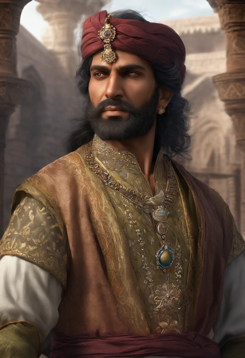 Mughal king, has a big scar on his left eye, five foot seven inch height, strongly built, dark complexion, man around 45 years old, natural black hair, distinctive blue eyes, wearing a kings cloths, slender and graceful, beautiful, candlelight in a medieval setting, ultra sharp focus, realistic shot, mughal male clothes, tetradic colors (scar:1.4)