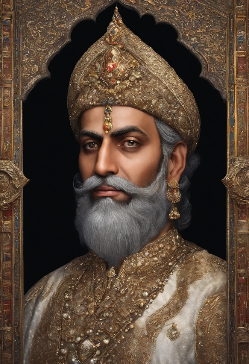 Mughal king, has a big scar on his left eye, five foot seven inch height, strongly built, dark complexion, man around 45 years old, natural black hair, distinctive blue eyes, wearing a kings cloths, slender and graceful, beautiful, candlelight in a medieval setting, ultra sharp focus, realistic shot, mughal male clothes, tetradic colors (scar:1.4)