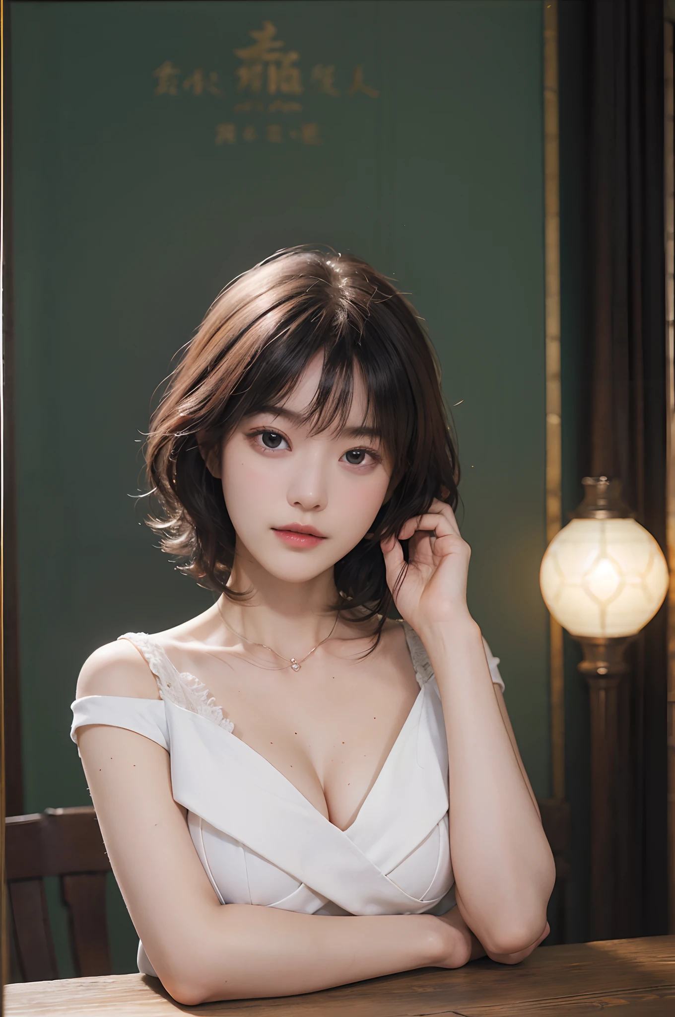 (RAW Photography、top-quality)、(realisitic、Photorealsitic:1.3)、top-quality、high-detail、​masterpiece、ultra-detailliert、illustratio、1girl、whole body、dynamic ungle、world masterpiece theater、((black-short-hair))、top-quality、the Extremely Detailed CG Unity 8K Wallpapers、inky、magnifica、电影灯光、lens_flare、dunhuang_style、(nice breasts)、Oil paintings by Rubens