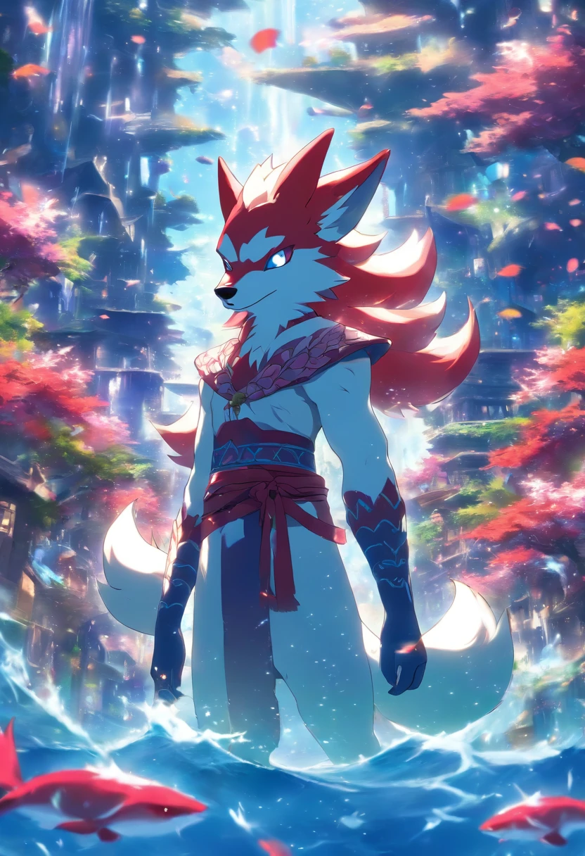 Sidon Style,Utopian world, hdr, Perfect, Amazingly perfect world, Endless flower sea background,god light、8K, a color,White fox