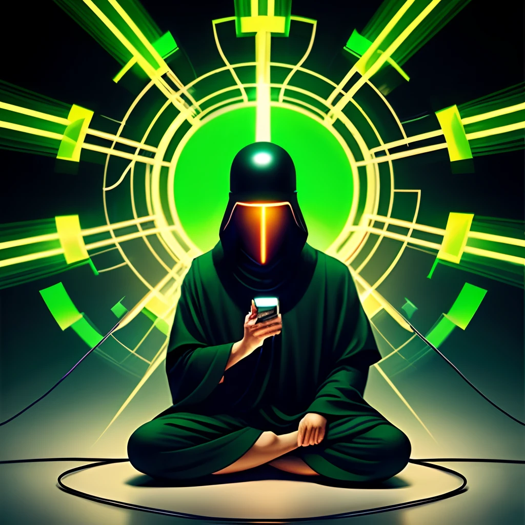 digital god, beliver, single monk wearing a helmet kneeling and meditating with wires connecting him to a computer, dystopian scifi, horror, facemask , church or disorder , cultist , corruption, green flames enlightning