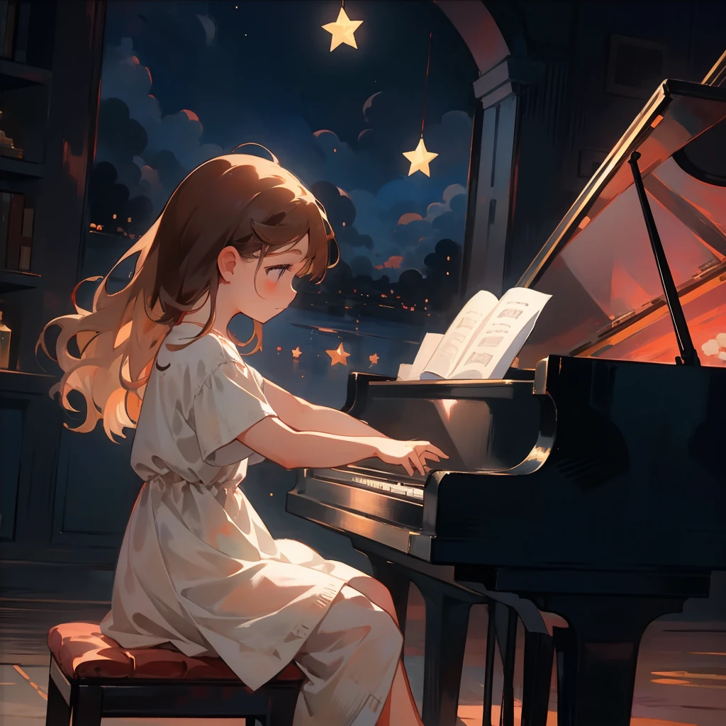 7. A Night of Music：Talented little girl sitting at the piano，She wore a maroon dress，Fingers gently play warm melodies，The notes flutter in the air。