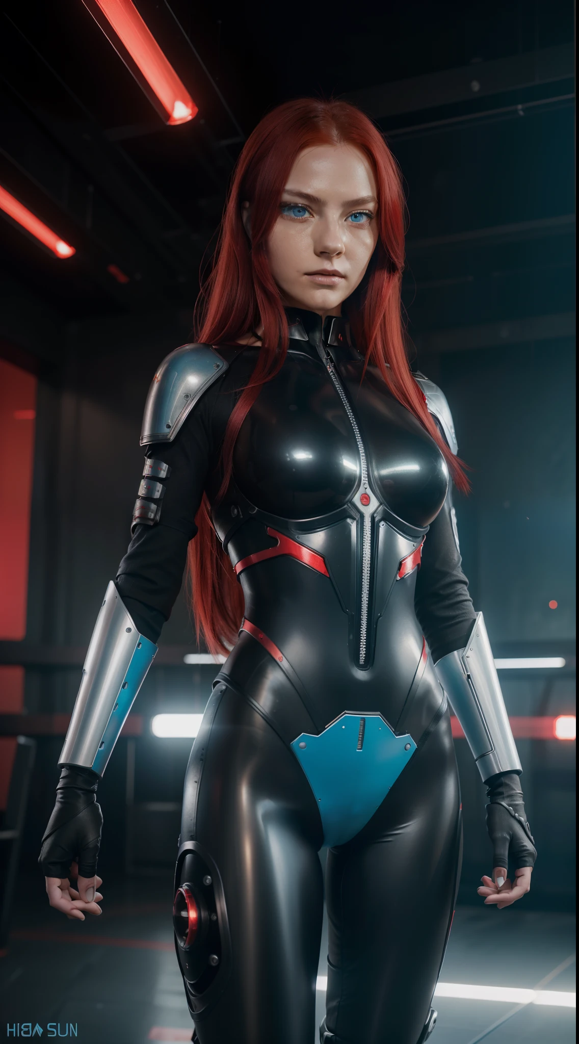 ((RAW)), ((high detail skin)), ((white skin)), ((8k)), ((red hair)), ((long hair)), ((adult woman)), ((serious expression)), ((35 years)), ((female)), ((light blue eyes)), ((stand on)), ((masterpiece)), ((photo)), ((high detail)), ((focus: 2.3)), HDR camera, ((hight resolution)), ISO 100, f/2.8, 85mm, 1/125s, One Shot,  ((futuristic metal black and red space bodysuit)), ((combat sui)), (cyberpunk),  with small robot flying next to her.