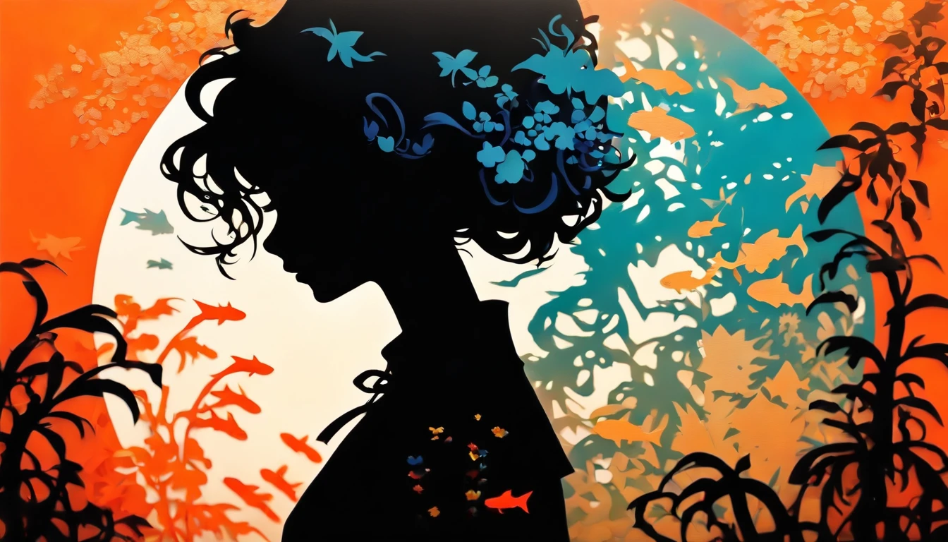 (Silhouette Art,cutouts:1.6)
(((Paper cutting art,A world where only black exists:1.3)
(Cowboy Shot),1 girl,Solo,
(Kimono Girl,profile:1.2),white, Clear and beautiful face,
BREAK
(Aquarium where blue fish swim)
Textured glass background,