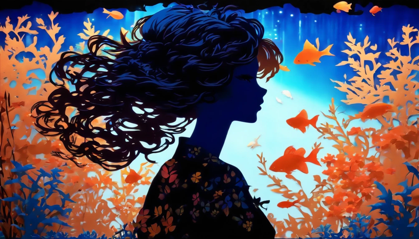 (Silhouette Art,cutouts:1.6)
(((Paper cutting art,A world where only black exists:1.3)
(Cowboy Shot),1 girl,Solo,
(Kimono Girl,profile:1.2),white, Clear and beautiful face,
BREAK
(Aquarium where blue fish swim)
Textured glass background,