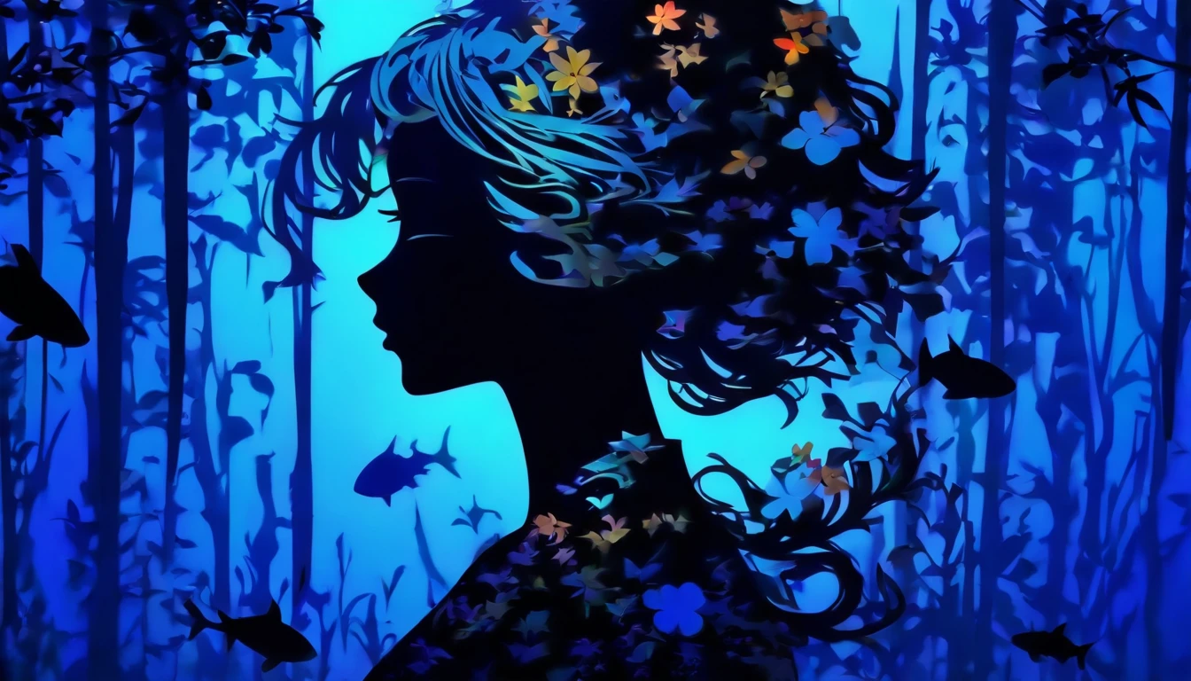 (Silhouette Art,cutouts:1.6)
(((Paper cutting art,A world where only black exists:1.3)
(Cowboy Shot),1 girl,Solo,
(Kimono Girl,profile:1.2),white, Clear and beautiful face,
BREAK
(Aquarium where blue fish swim)
Textured glass background,