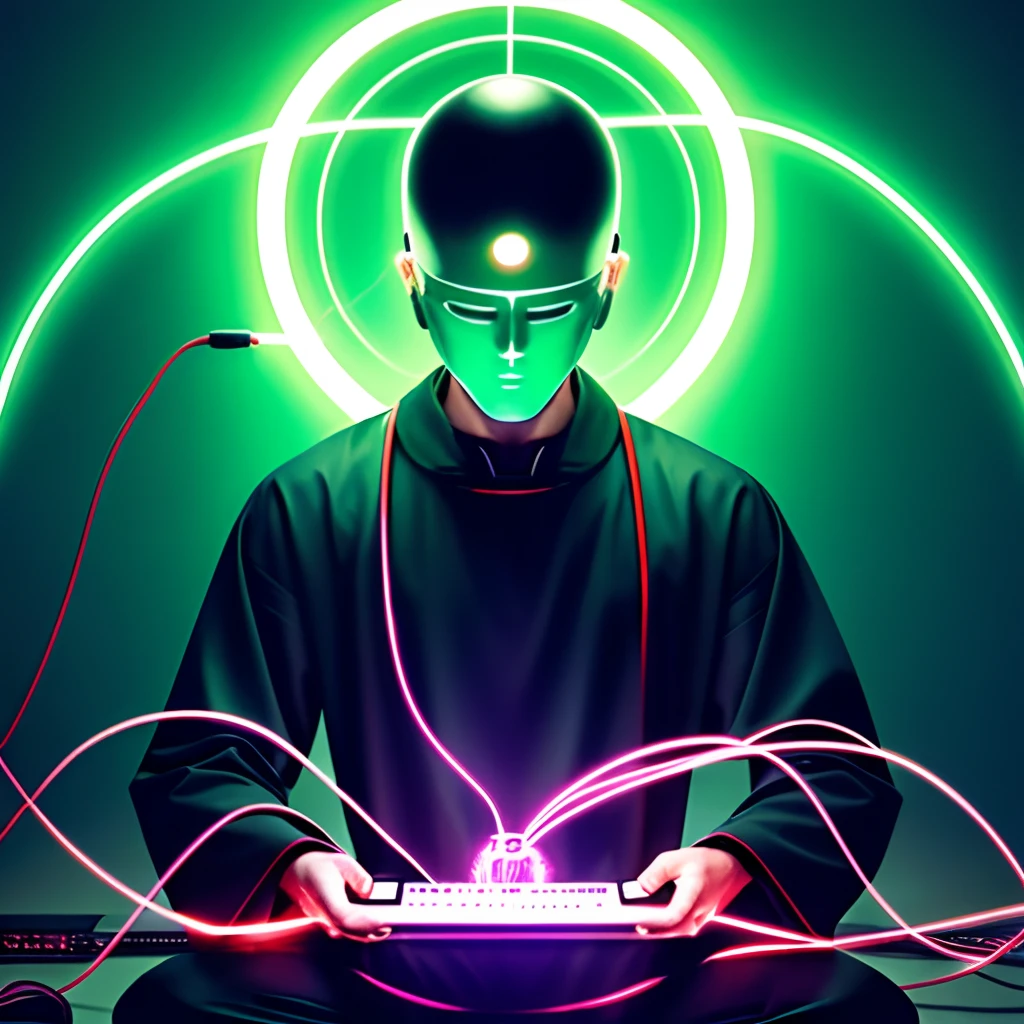 digital god, beliver, single monk wearing a helmet kneeling and meditating with wires connecting him to a computer, dystopian scifi, horror, facemask , church or disorder , cultist , corruption, green flames enlightning