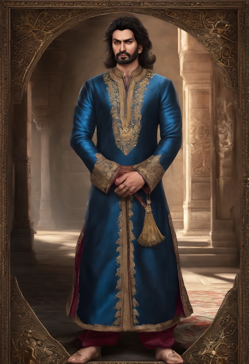 Mughal king, has a big scar on his left eye, five foot seven inch height, strongly built, dark complexion, man around 45 years old, natural black hair, distinctive blue eyes, wearing a kings cloths, slender and graceful, beautiful, candlelight in a medieval setting, ultra sharp focus, realistic shot, mughal male clothes, tetradic colors, full body, long shot, scene of bazar in the background (scar:1.4)