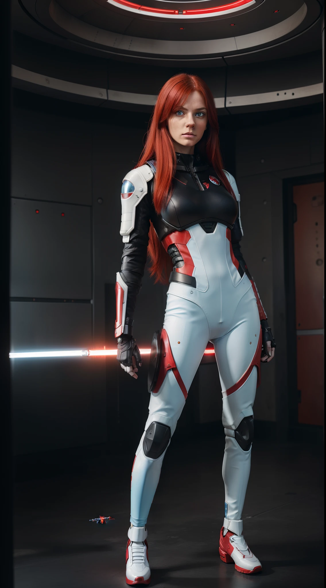 ((RAW)), ((high detail skin)), ((white skin)), ((8k)), ((red hair)), ((long hair)), ((adult woman)), ((serious expression)), ((35 years)), ((female)), ((light blue eyes)), ((stand on)), ((masterpiece)), ((photo)), ((high detail)), ((focus: 2.3)), HDR camera, ((hight resolution)), ISO 100, f/2.8, 85mm, 1/125s, One Shot, ((futuristic space suit black and red)), ((combat cyberpunk)), with 1 small robot flying next to her, scenery of a planet from another background universe