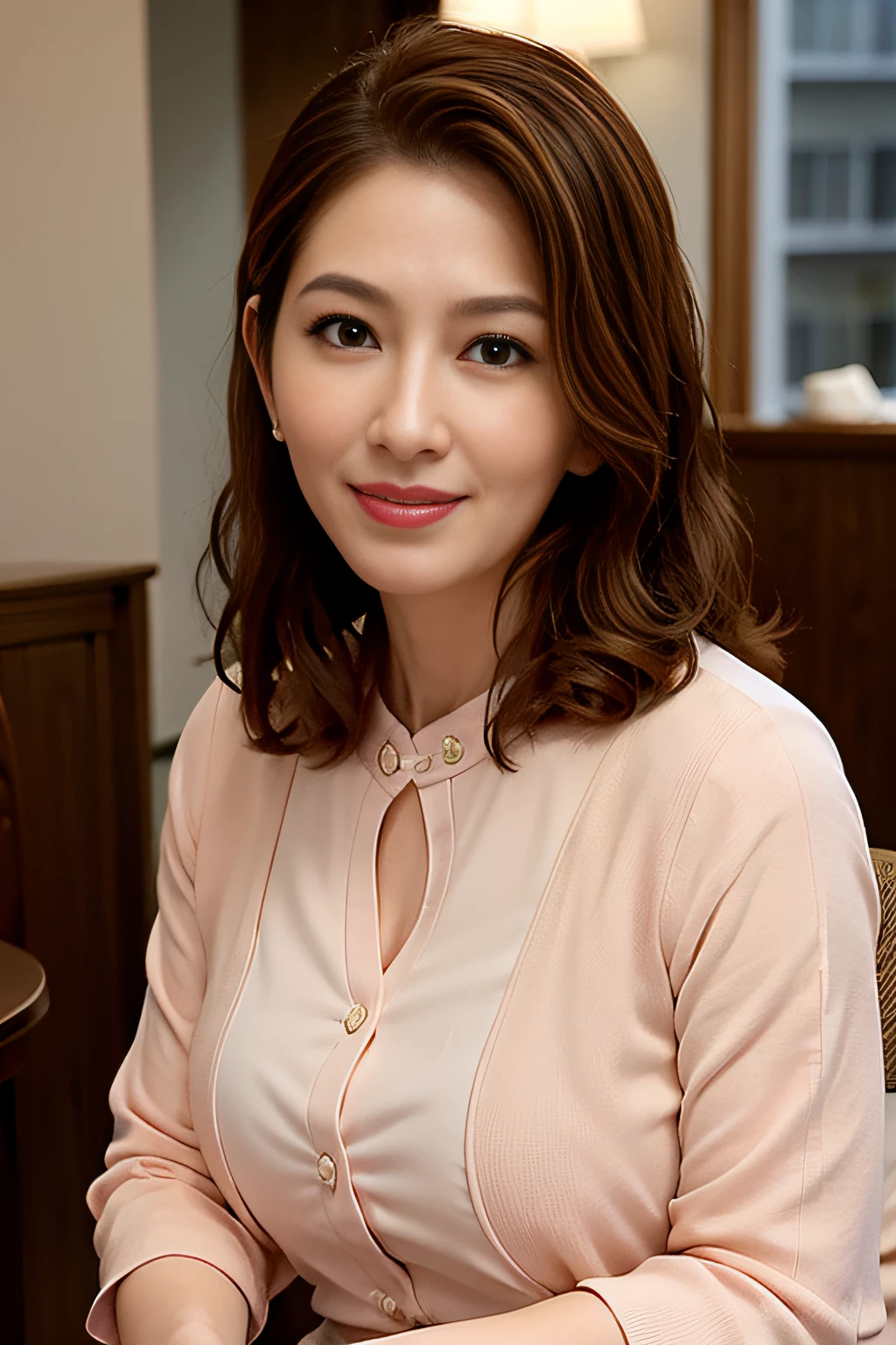aged 40,brown hair,168,Thoughtful,,Soft lighting,Cozy atmosphere,Refined,plump,Pink cheongsam,red lipsticks