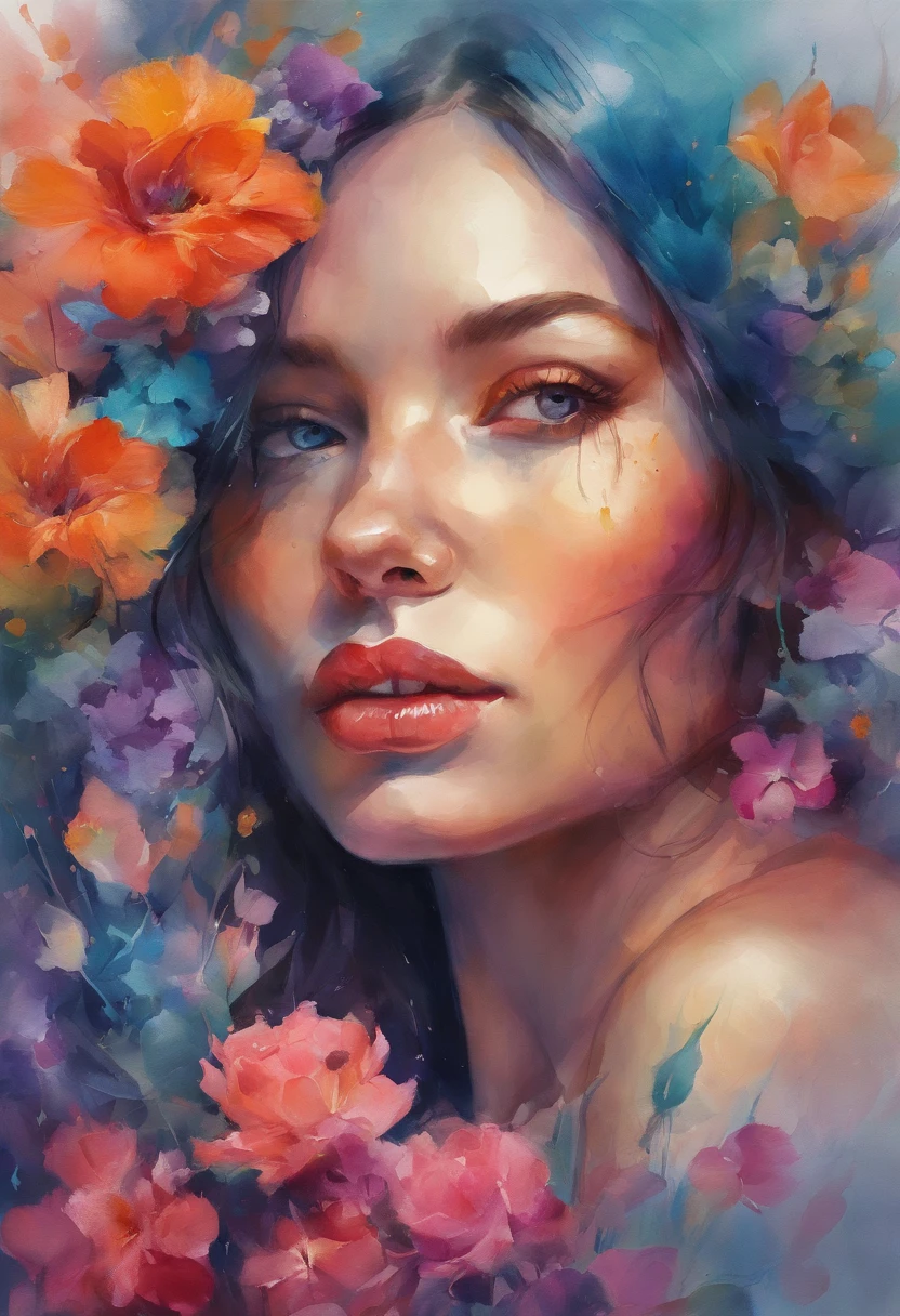Close up portrait of woman hiding face with beautiful flowers, inspired by Yanjun Cheng, Guviz-style artwork, bright cyberpunk glow, lofi artstyle, style hybrid mix of beeple, Authors：yangjun chen, Beeple and Jeremiah Ketner, dreamy colorful cyberpunk colors, Beeple and James Jean, cyberpunk vibe