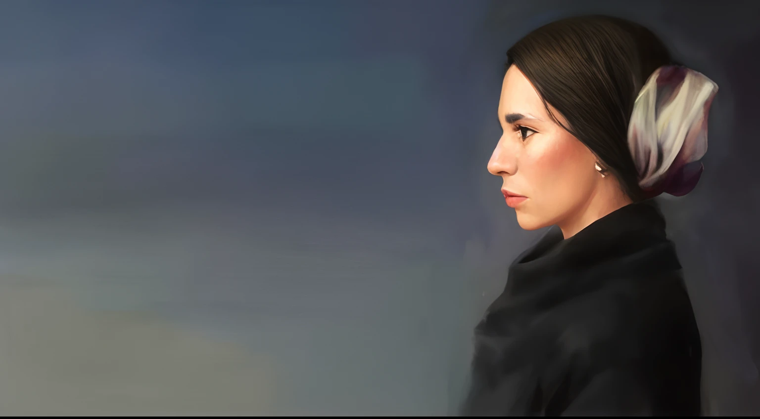 Painting of a woman with a scarf on her head, Lado - Perfil Retrato Pintado, perfil lateral retrato pintado, Retrato de uma jovem Pocahontas, Retrato de Pocahontas, perfil lateral cenetered retrato, perfil de uma mulher, retrato de perfil lateral, oil painting of realistic woman, perfil da mulher, retrato centrado no perfil lateral, perfil lateral cintura para cima retrato