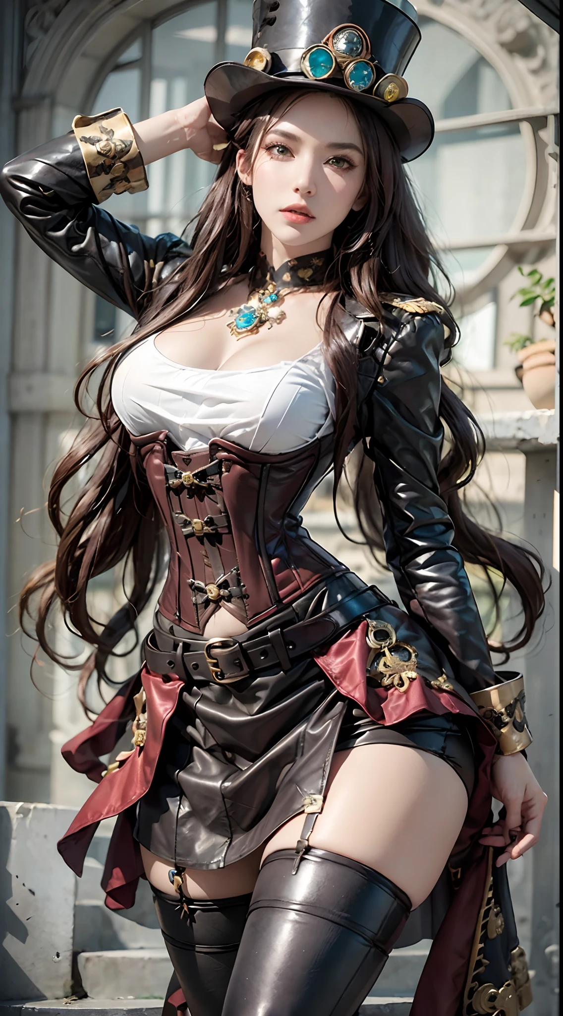 Photorealistic, high resolution, 1 woman, Hips up, Beautiful eyes, Long hair, ringed eyes, jewelry, tattoo, skirt, thighhighs, hat, jewelry, boots, belt, lips, zettai ryouiki, thigh boots, corset, top hat, steampunk, steampunk_costume