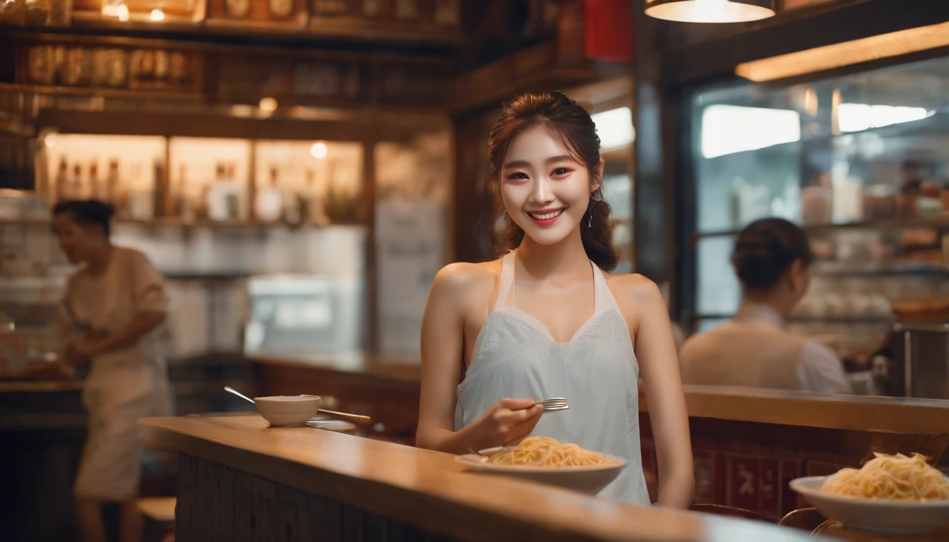 Realistic photo of (1cute Korean actress), tank top, in ramen shop, smiling, Canon EOS, clear facial features, close up portrait, cinematic mode, 8K, sexy