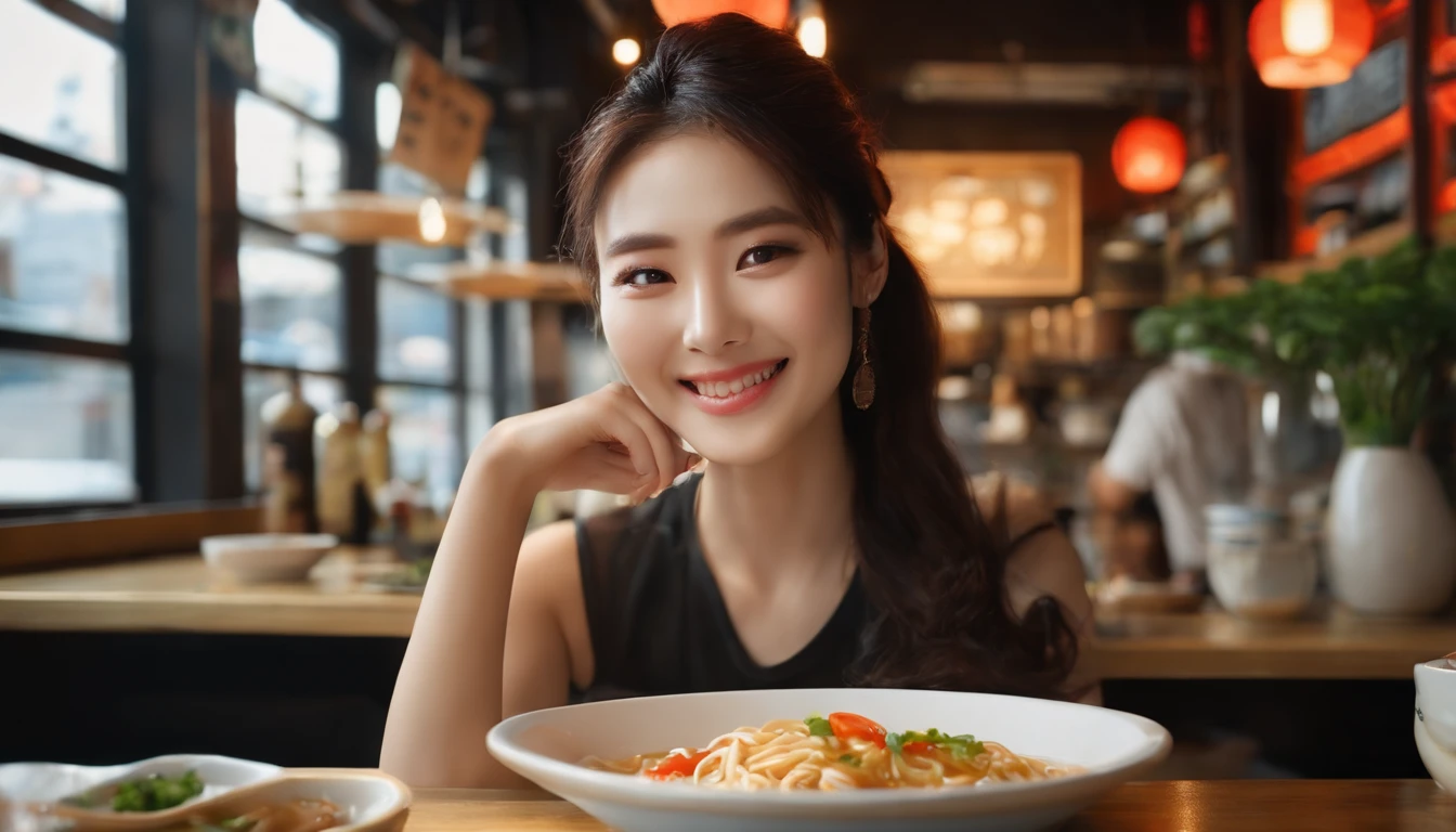 Realistic photo of (1cute Korean actress), tank top, in ramen shop, smiling, Canon EOS, clear facial features, close up portrait, cinematic mode, 8K, sexy