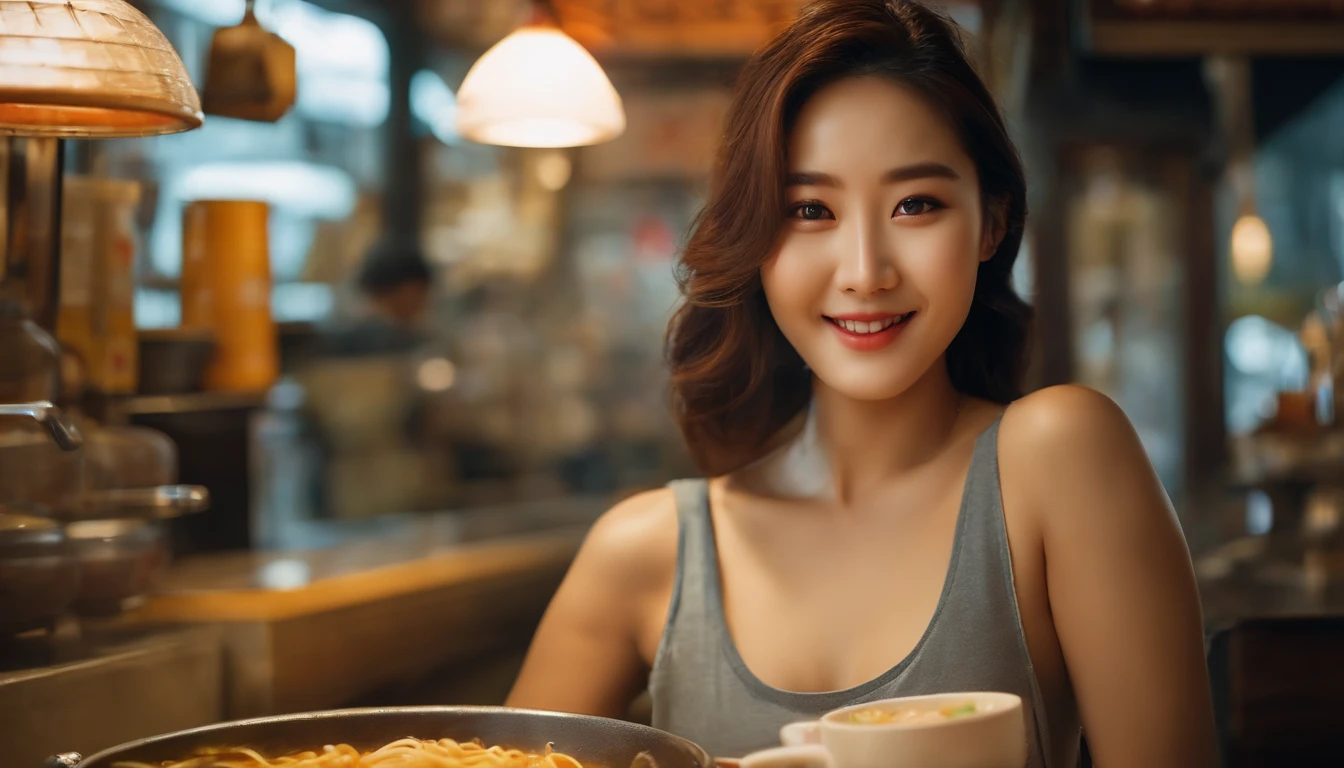 Realistic photo of (1cute Korean actress), tank top, in ramen shop, smiling, Canon EOS, clear facial features, close up portrait, cinematic mode, 8K, sexy