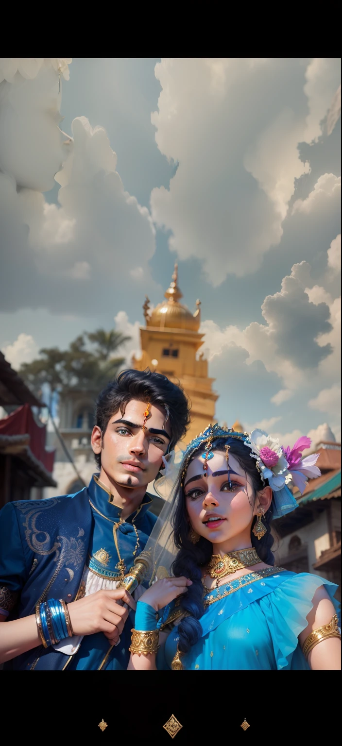 Mythological Indian boy as krishna and girl as radha realistic faces , clothes, body color , flute on hand of krishna , dwarka ji temple background, 4k image, change background ultra realistic, best detailed, raw image, detailed faces, smiling, detailed dress quality, realistic lighting
