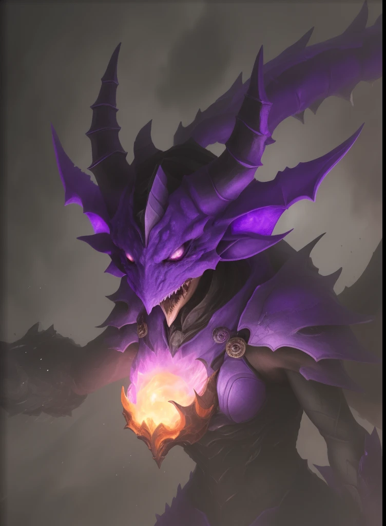 A close-up of a person dressed in purple and black, detailed hot maw, purple glowing core in armor, zerg hydralisk, purple ancient antler deity, infused with zerg hydralisk, nipple play, holy flame crown spell, detailed maw, dragon maw, Protoss, great corrupter, infernal enigma, Elisid, zerg