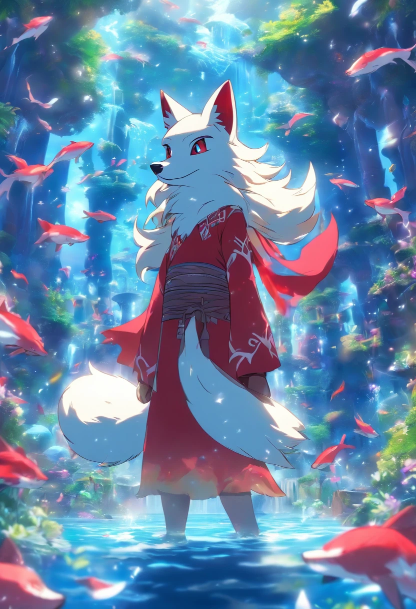 Sidon Style,Utopian world, hdr, Perfect, Amazingly perfect world, Endless flower sea background,god light、8K, a color,A snow-white fox in the corner