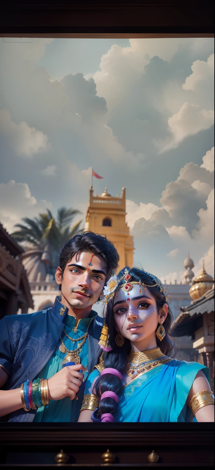 Mythological Indian  boy as krishna and girl as radha realistic faces , clothes, body color , flute on hand of krishna , dwarka ji temple background, 4k image, change background ultra realistic, best detailed, raw image, detailed faces, smiling, detailed dress quality, realistic lighting