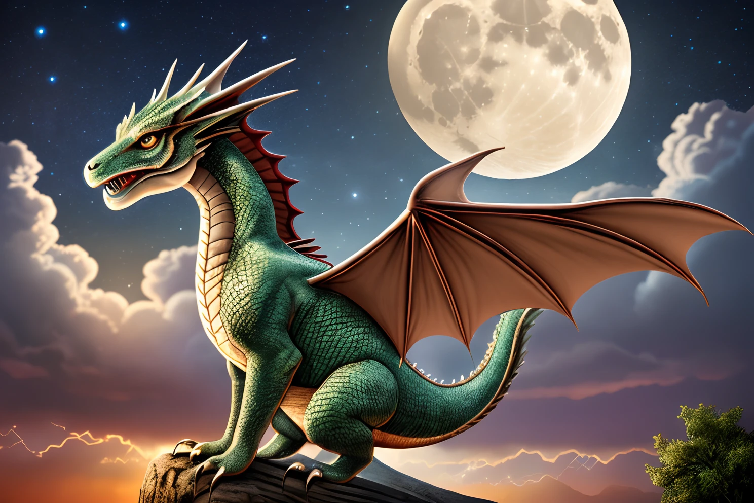 baby dragon flying in the background a gaint moon and clear night thunderstorm, 8k hyperrealistic --auto --s2