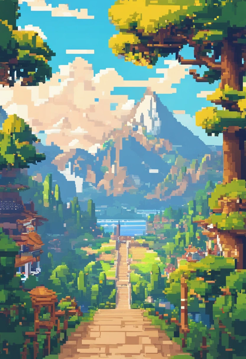 Genshin Pixel Art Tourism destination landscape. Morning. 3D pixel art 4K wallpaper. Incredible pixel art detail. Pixel art. Detailed Unreal Engine pixel art