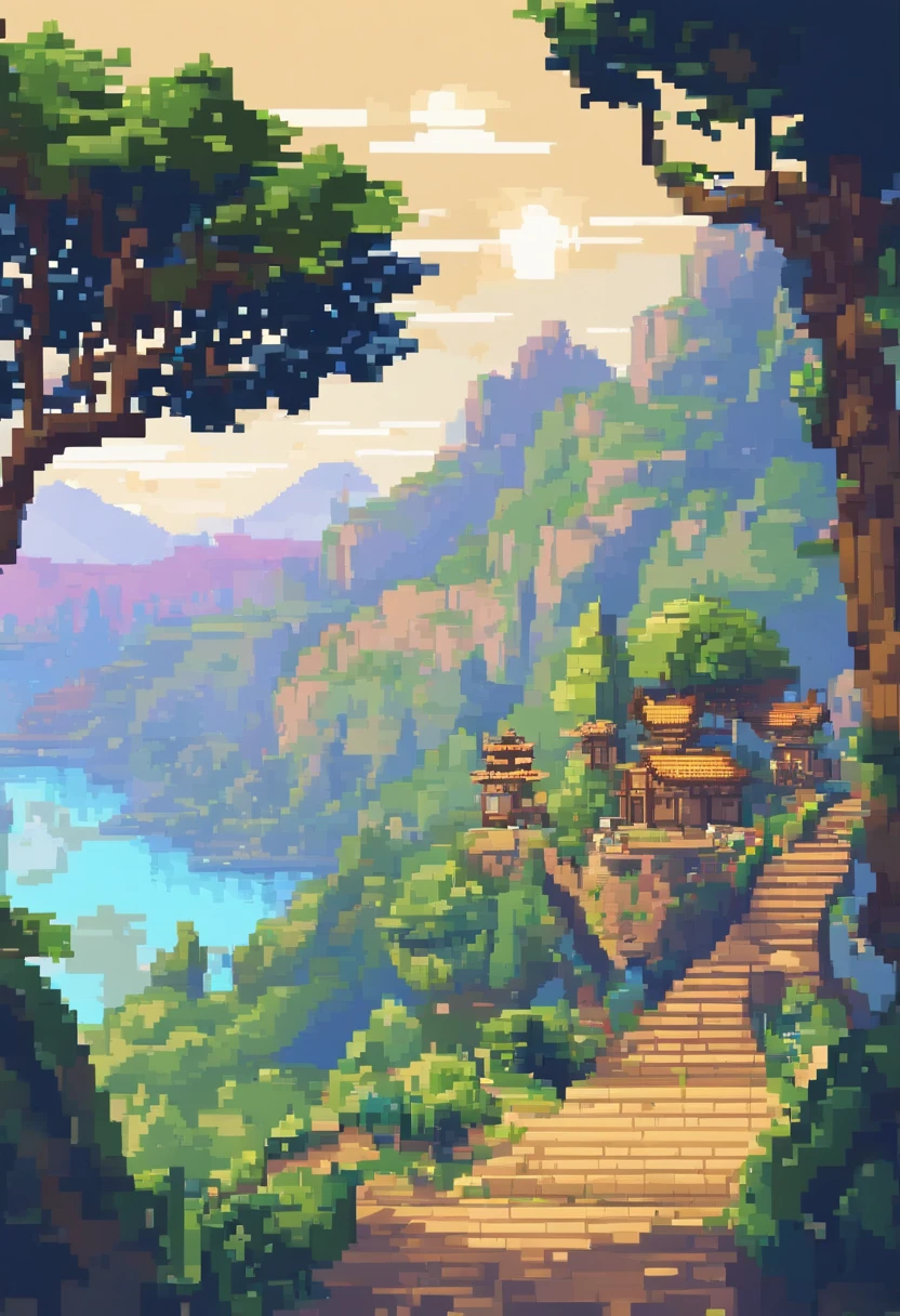 Genshin Pixel Art Tourism destination landscape. Morning. 3D pixel art 4K wallpaper. Incredible pixel art detail. Pixel art. Detailed Unreal Engine pixel art