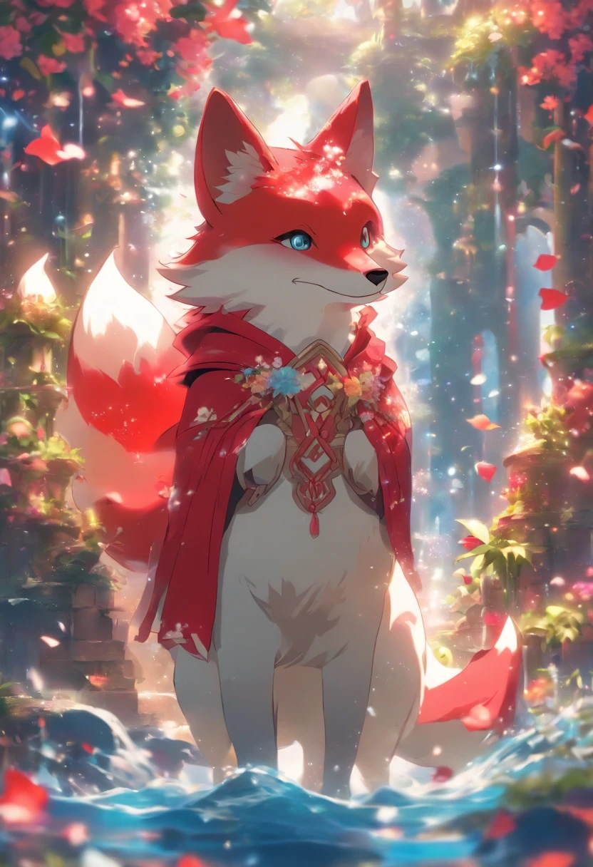 Sidon Style,Utopian world, hdr, Perfect, Amazingly perfect world, Endless flower sea background,god light、8K, a color,Little snow-white fox in the corner