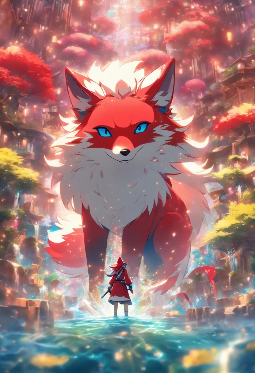 Sidon Style,Utopian world, hdr, Perfect, Amazingly perfect world, Endless flower sea background,god light、8K, a color,Little snow-white fox in the corner
