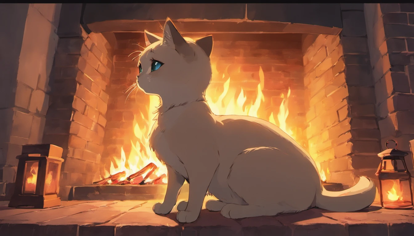 Siamese cat sitting by the fireplace
