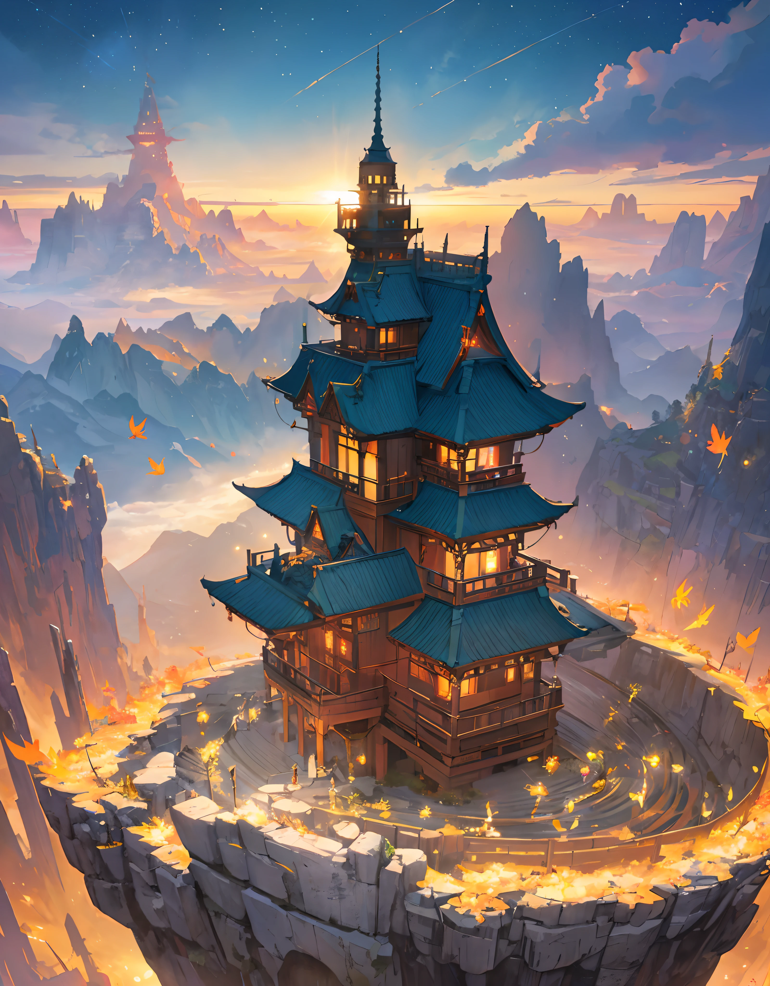 ancient fantasy world, a sunset above mountain range in the background masterpiece, tall cliff, rule of third, human walking back in the (human :0.7), beautiful art uhd 4k, 4k hd wallpaper very detailed, extraordinary colorful landscape, 4k highly detailed digital art, landscape wallpaper, scenic colorful environment, fantastic landscape, 8k high quality detailed art, majestic nature scenery, detailed painting 4k, epic beautiful landscape, natural landscape beauty, Landscape, lots of glow particle, fireflies, very many lots of fireflies, makoto shinkai cyril rolando, kimi no nawa meteor, anime art wallpaper 8k, Top quality masterpiece, deep focus, macro shot, lots lamp, falling leaf, glowing light, object, color combination masterpiece, glowing light, dark, reflection, beautiful anime scene, japanese concept landscape art, volumetric lighting, bokeh, anime beautiful peace scene, pure lanscape, 8k beautiful anime, intricate, elegant, point of interest photography, anime (masterpiece, lighting, finely detailed), colorful sky, ray of light, rule of third, colorful landscape, (dew, water : 0.2), Fog, Colorful Natural Lighting Masterpiece, ( all nature element is glowing light : 1.2)