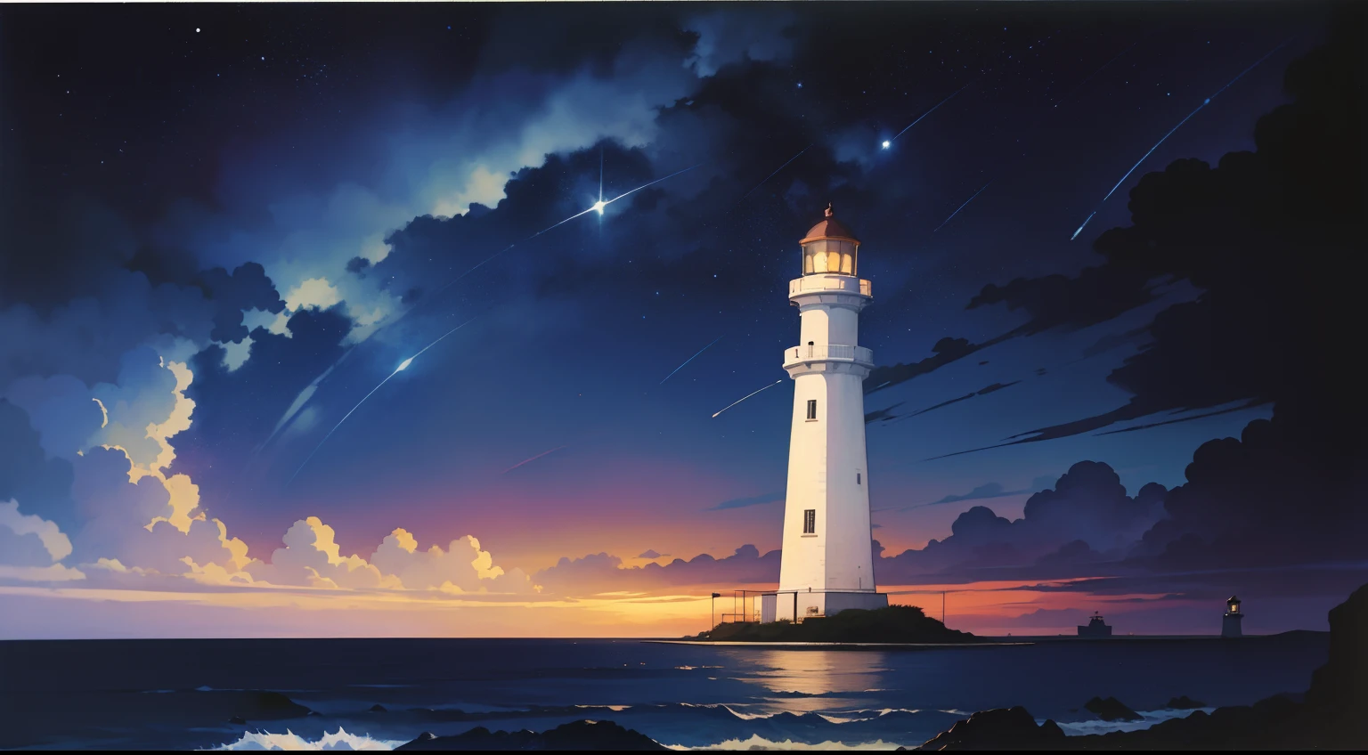 (masterpiece, best quality) watercolor painting, watercolor art style, heron, at night, night full of stars, dark night, dark ambience, illumated light, lighthouse