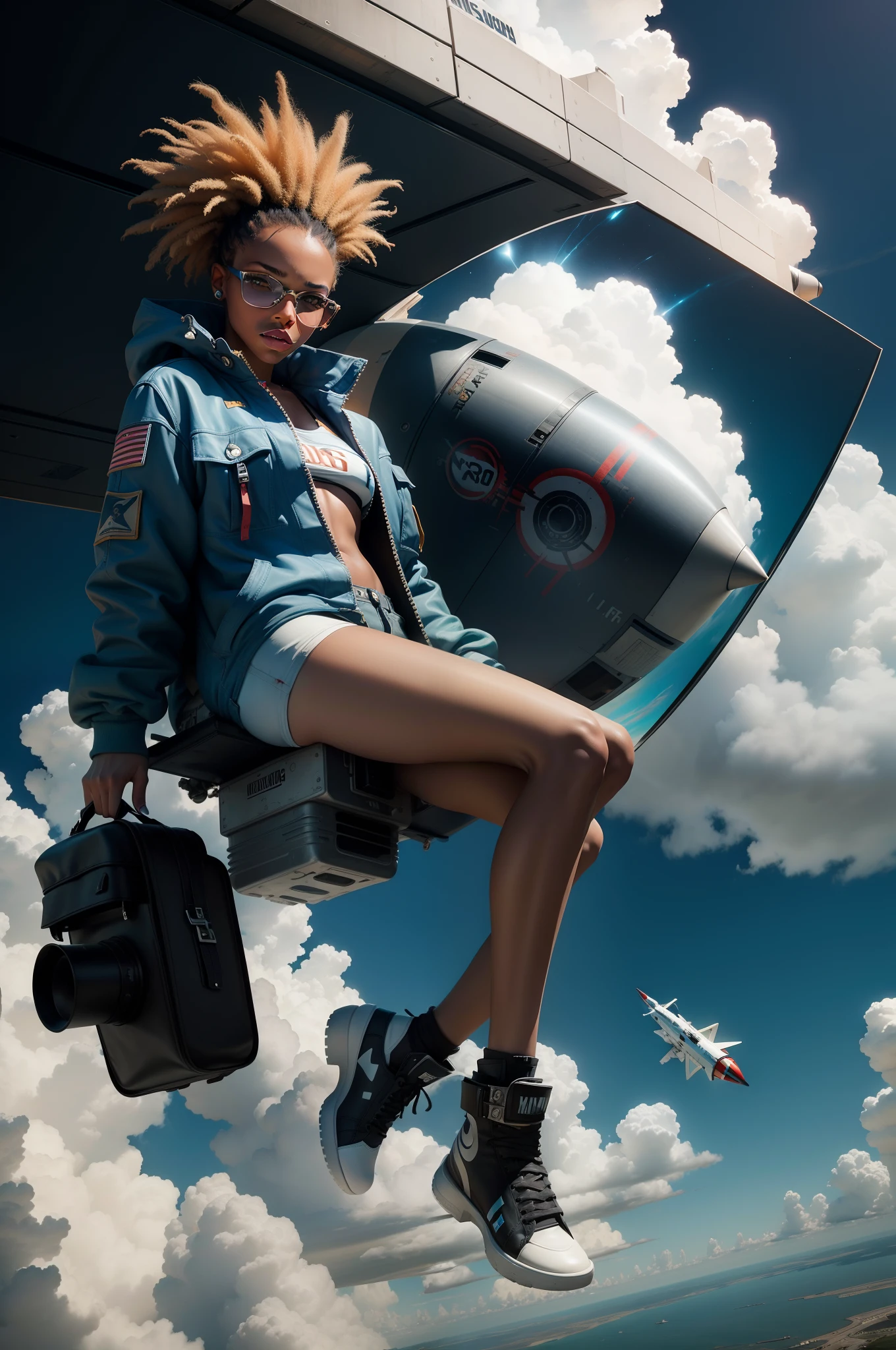 rocket sci fi female fashion model in style of Jean-Michel Basquiat flying in the clouds