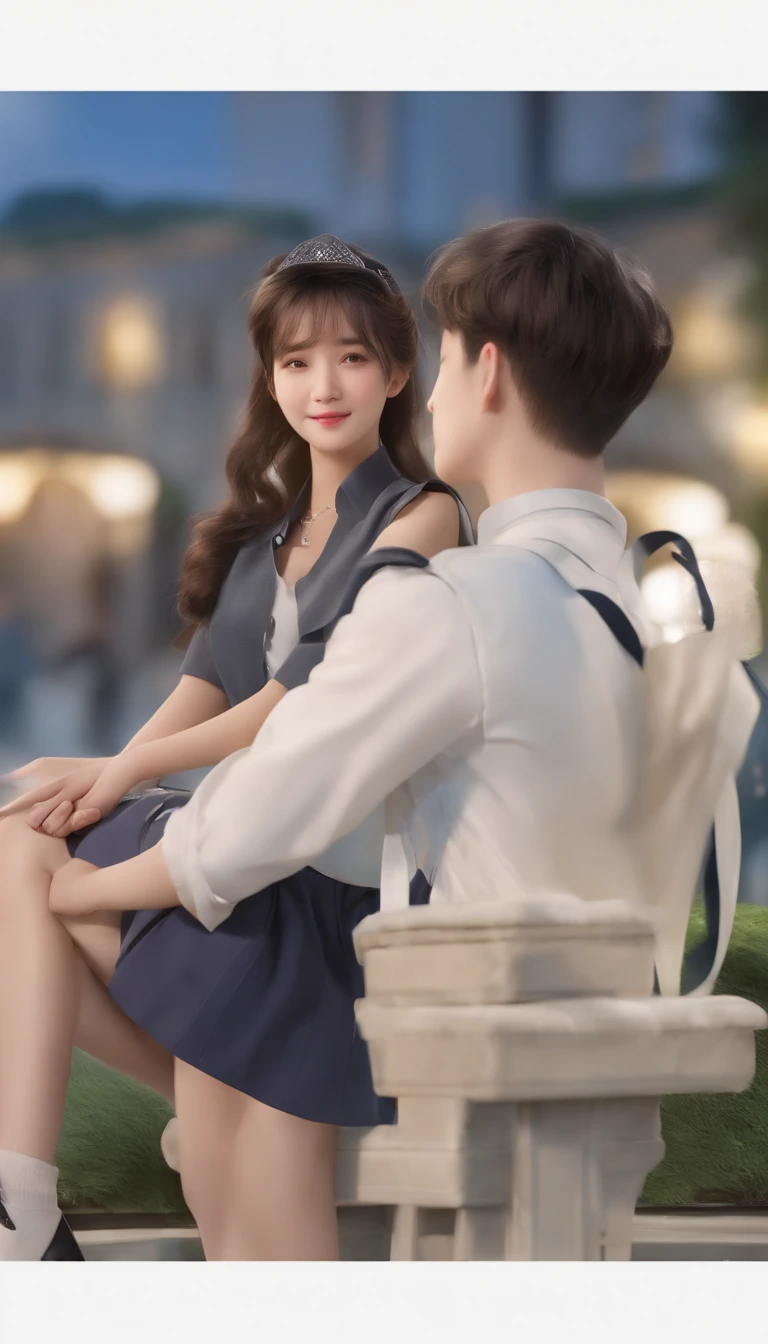 Realiy, realisticlying, movie picture quality, super detailing, Super quality, Super HD, One boy and one girl, (18yr old), Meet on campus, Boys and girls together, Sit on a bench and chat, Chinese face, Carrying a school bag, in school uniform, The face was full of joy, Real Photographics
