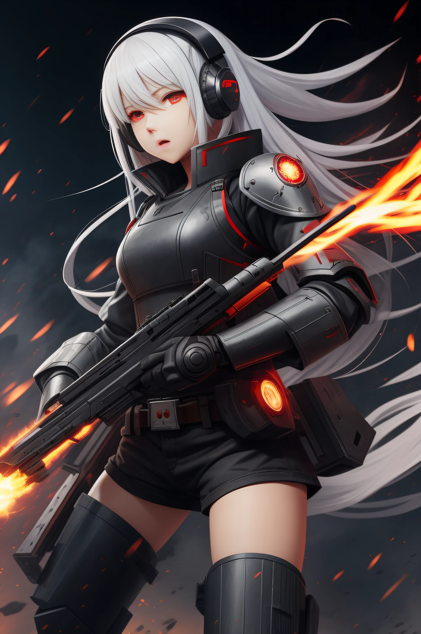 1girl, weapon, red eyes, open mouth, explosion, gun, holding, long hair, holding weapon, armor, thighhighs, shorts, white hair, holding gun, firing, fire, teeth, smoke, bangs, glowing, black shorts, mecha musume, breasts, hair between eyes, pouch, boots, headphones, solo focus, robot