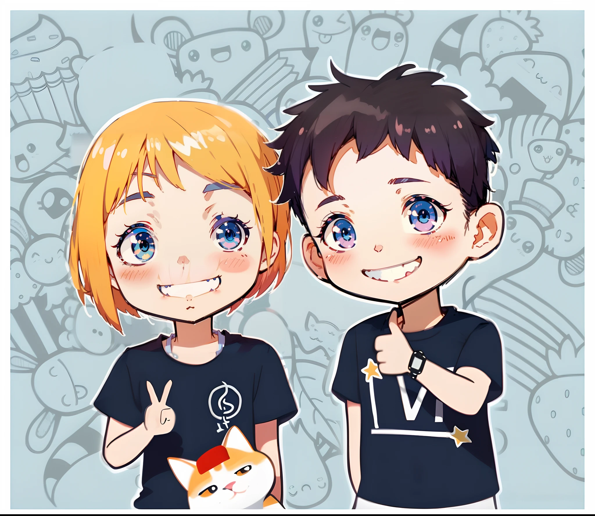 anime boy and girl with cat on blue background, ig studios anime style, live2d virtual youtuber model, in anime style, satchely and akihiko yoshida, official fanart, telegram sticker, high quality fanart, anime style illustration, in an anime style, anime style portrait, nixeu and sakimichan, hidari and vlop, avatar image