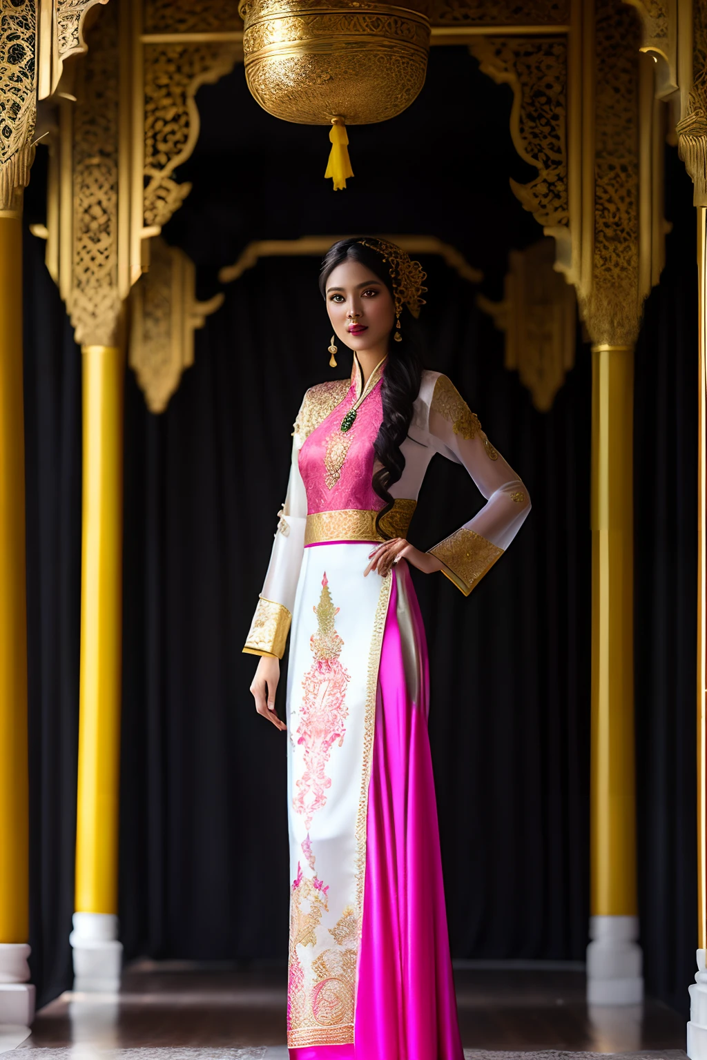 1 27 year old solo girl, 1 zodiac goddess from the future, goddess wearing a bridal gown, 21st century traditional ao dai and turban style, 12 pink and purple zodiac signs, goddess wearing white shirt, red and yellow silk pants, red and white tight-fitting long dress, thin cloth ao dai, wearing a long dress to cover your arms, the legend of 12 zodiac signs from the future, zodiac signs, design 12 zodiac signs sparkly, luxurious and mysterious dark version, intricately patterned turban, goddess of the zodiac turban, 1 compact bridal turban for women, ((1 bridal turban is custom made) meticulous and detailed design: 1.8)), red lips, thin and beautiful lips, charming smile, detailed beauty, detailed background, super detailed, magic light, beautiful lighting effects, mold clear face, long flat hair, beautiful face, meticulous and balanced, (transparent yellow eyes: 1.8), big round eyes and very beautiful and meticulous makeup, visionary, long wearing silk clothes, mysterious makeup, beside bangs and dyed light blonde, big, regular breasts, big butt, flat stomach, perfect body curve, upper half portrait, goddess of the zodiac, drooping arms , Realistic and vivid, (the stars that make up the zodiac sign: 1.7), (the sky) of the bad zodiac signs texture: 1.8), fiction photos, RAW images, Vietnamese Ao Dai photos, photos most beautiful, 8k, best quality 8k photos, surreal, most realistic, hold a glass of beer