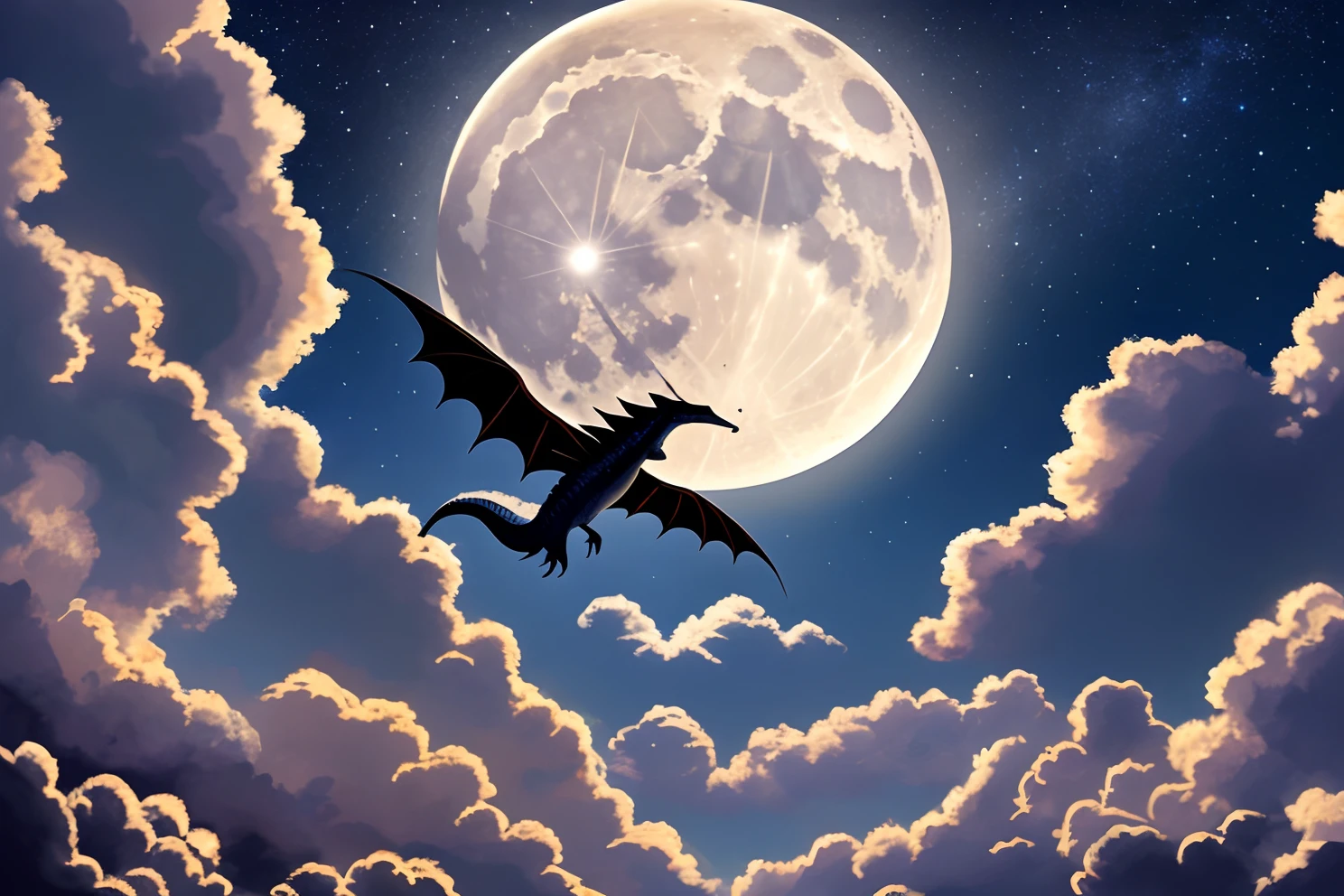 baby dragon flying in the background a gaint moon and clear night thunderstorm, 8k hyperrealistic --auto --s2