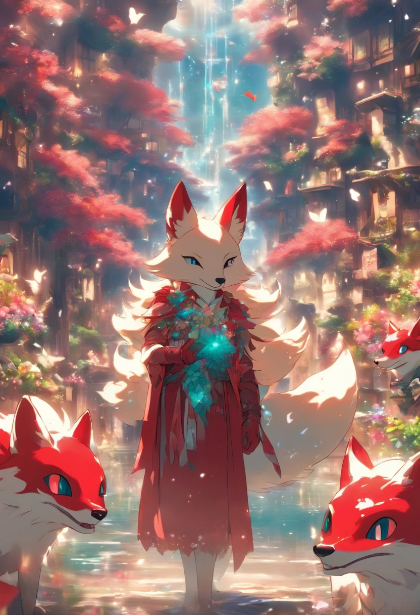Sidon Style,Utopian world, hdr, Perfect, Amazingly perfect world, Endless flower sea background,god light、8K, a color,Little snow-white fox in the corner of the picture