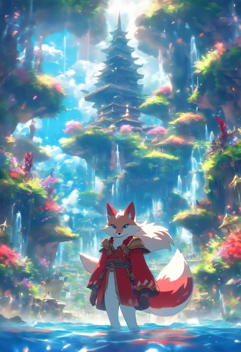 Sidon Style,Utopian world, hdr, Perfect, Amazingly perfect world, Endless flower sea background,god light、8K, a color,Little snow-white fox in the corner of the picture