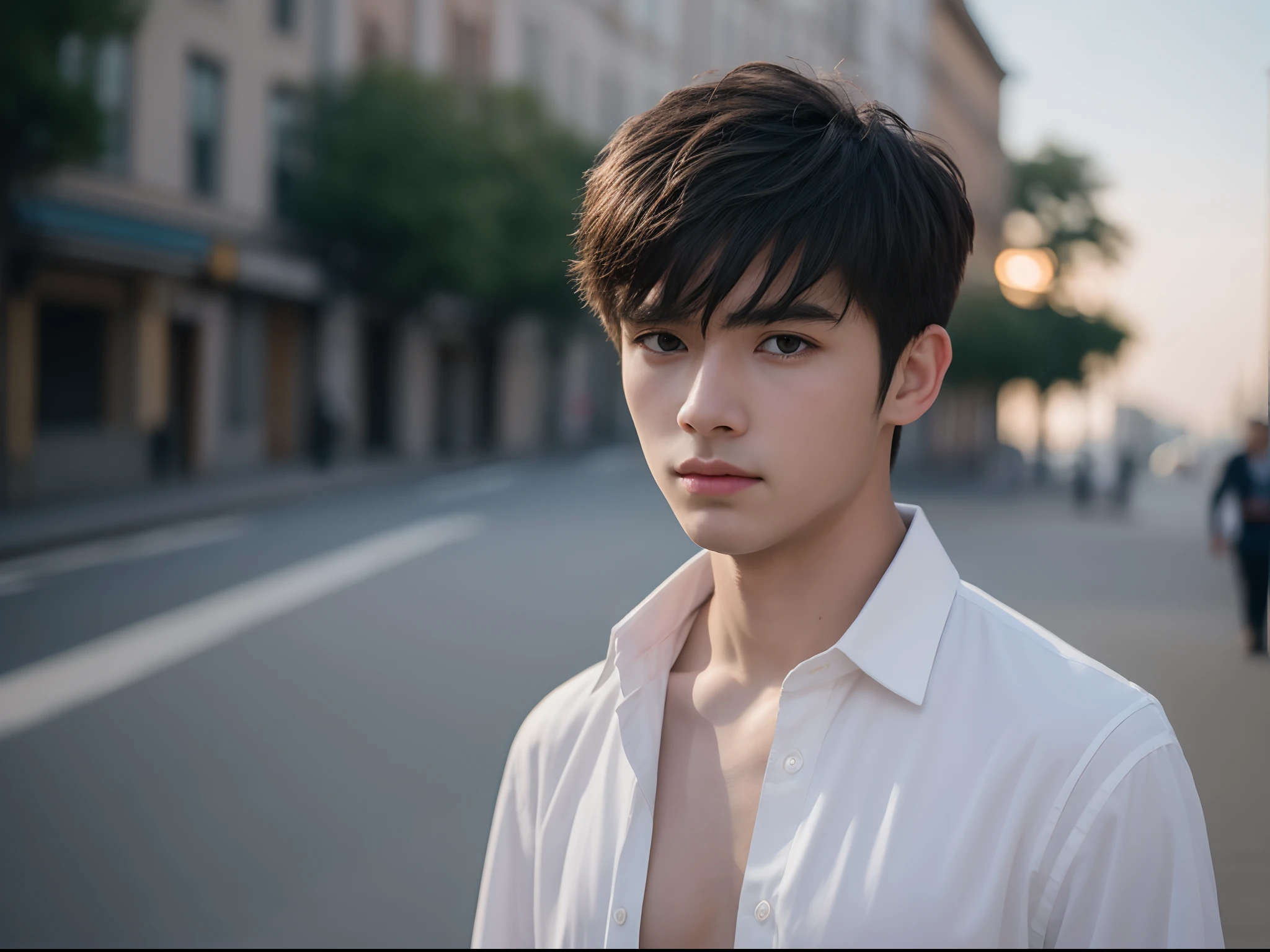 Raw photography, 1boy, Male Focus, Topless young man, hair messy, Looking at Viewer, in a street, Beautiful lighting, deepshadow, Best Quality, masutepiece, Ultra-high resolution, Photorealsitic, Blurry background,　Asians, White shirt