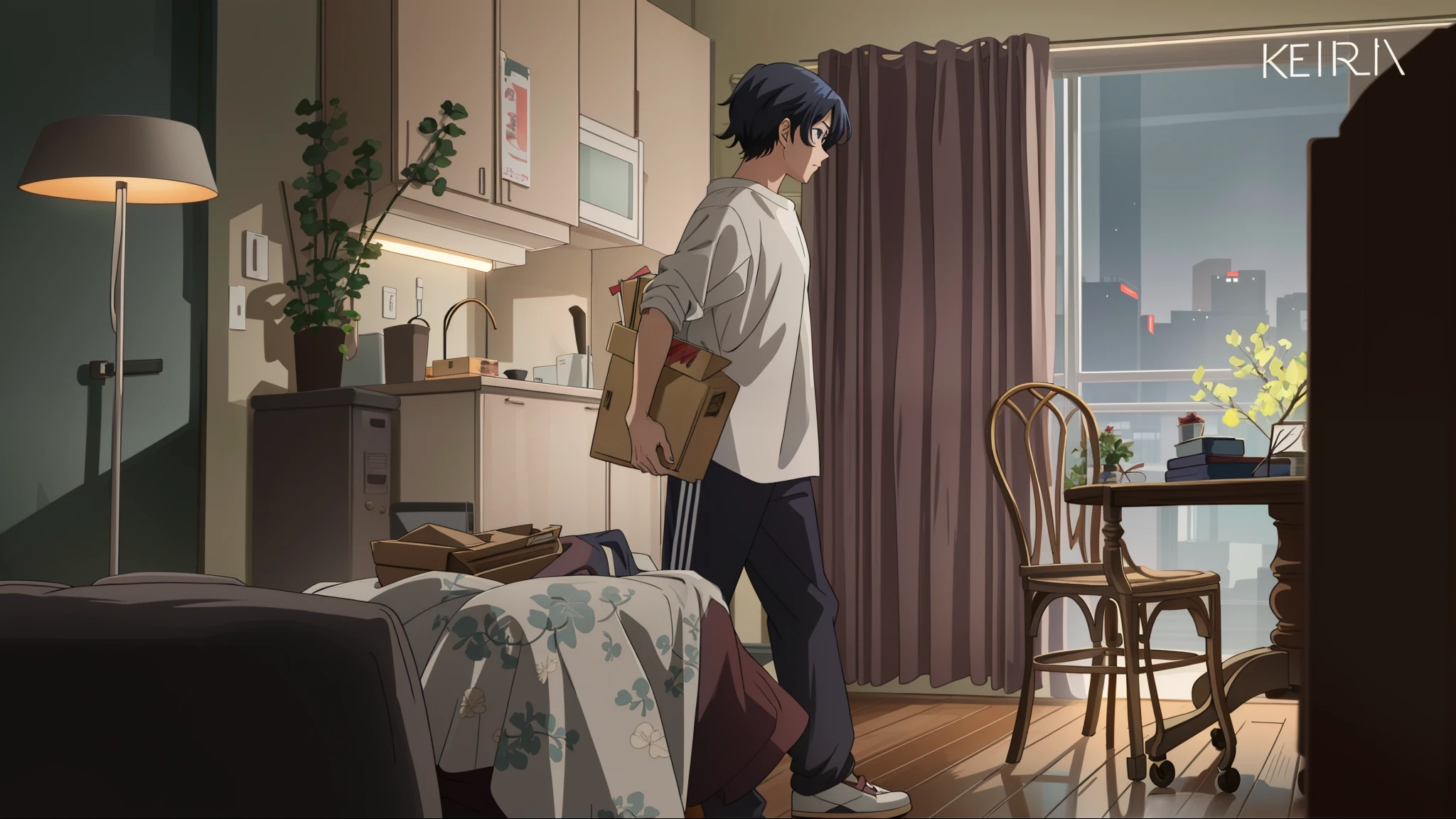 Anime scene, 1girl, shorthair, in an oversize shirt in a room, holding a box, modern apartment in tokyo