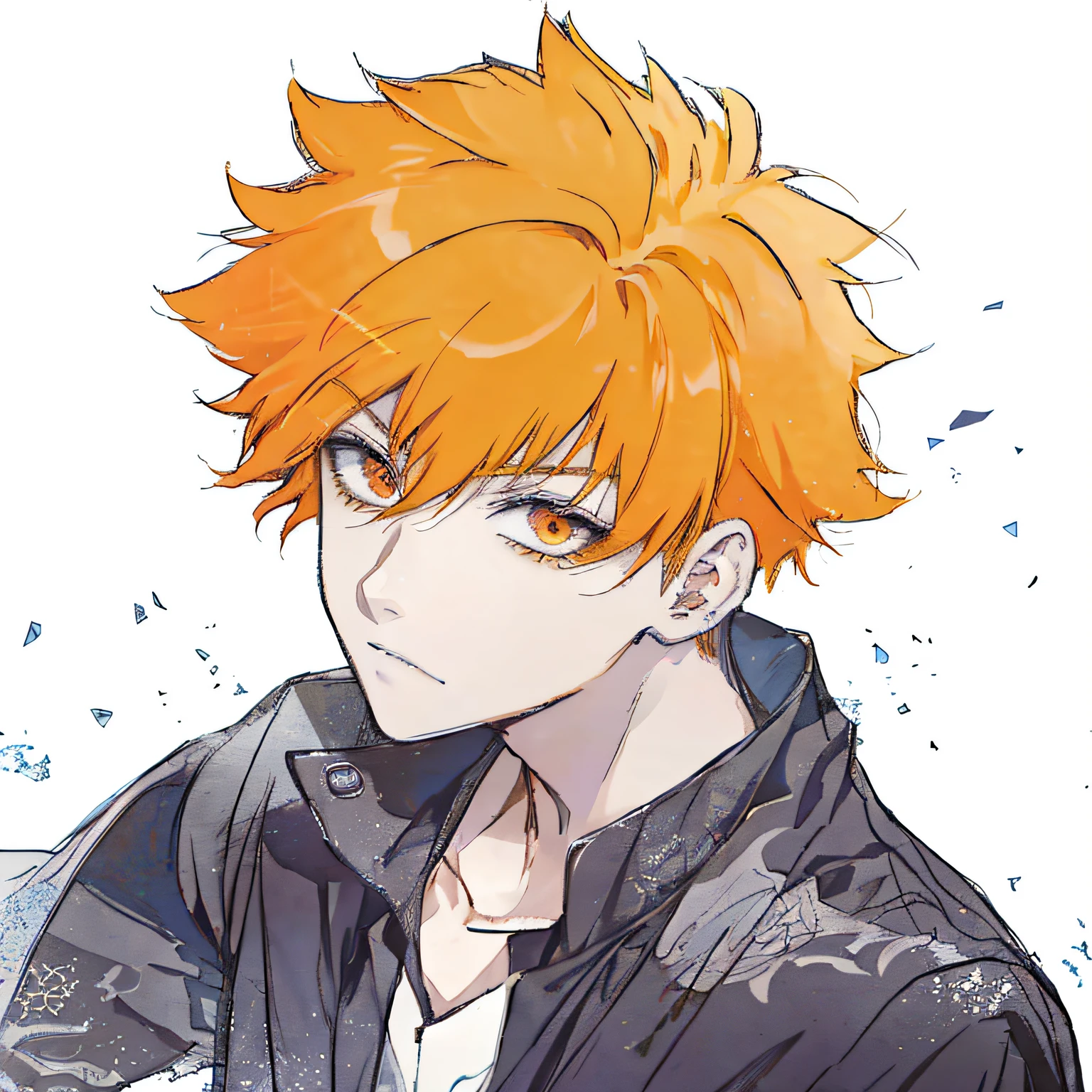 Anime boy with orange hair and black jacket looking at the camera, Ichigo Kurosaki, orange - haired anime boy, ichigo, kentaro miura manga art style, kentaro miura art style, joker looks like naruto, kentaro miura manga style, toru narita, bleach manga style, zerochan, Kentaro Miura!