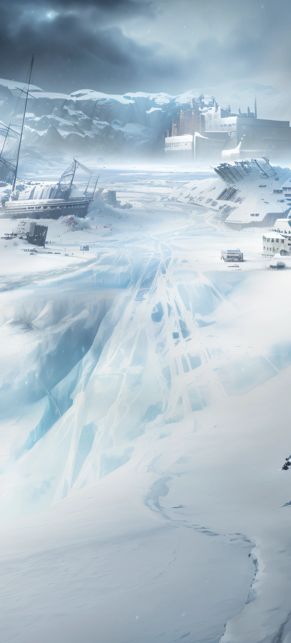 snowy landscape，There are abandoned ships in the frozen lake, icey tundra background, Arte conceitual de inverno, snow wasteland, Snowy. By Makoto Shinkai, ❄️ Corrupt concept art, ice city in 2 0 8 0, concept art highly detailed, concept art artwork masterpiece, stunning concept art, concept art stunning atmosphere, concept-art