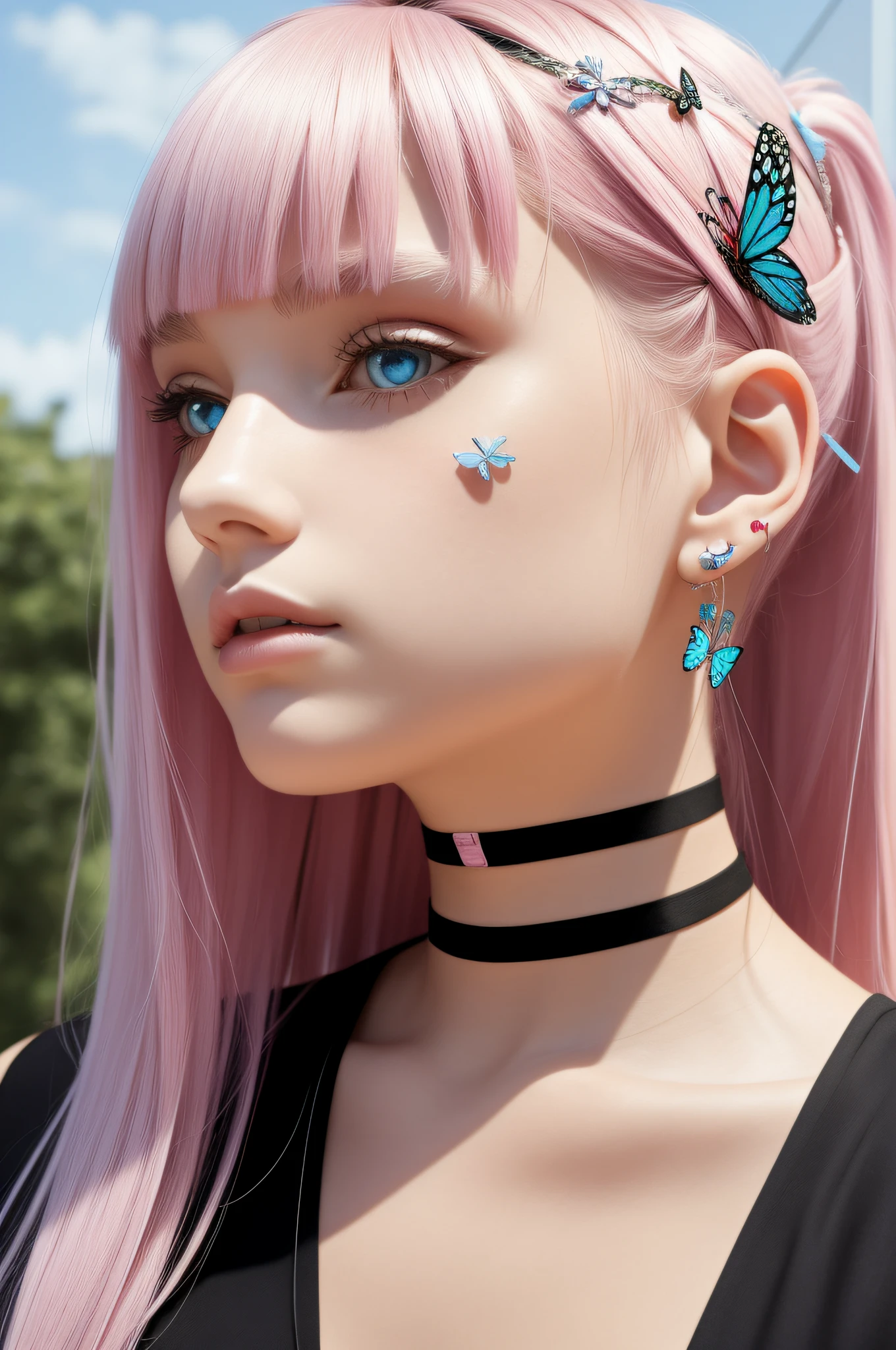 multiple girls, 2girls, bandaid, pink hair, butterfly, bug, blue eyes, hair ornament, bandaid on face, jewelry, earrings, letterboxed, long hair, choker, hairclip, piercing, looking at another, parted lips, bare shoulders, ear piercing, bandaid on nose, bangs, blue butterfly, one side up, bandaid on cheek, black choker, profile, breasts