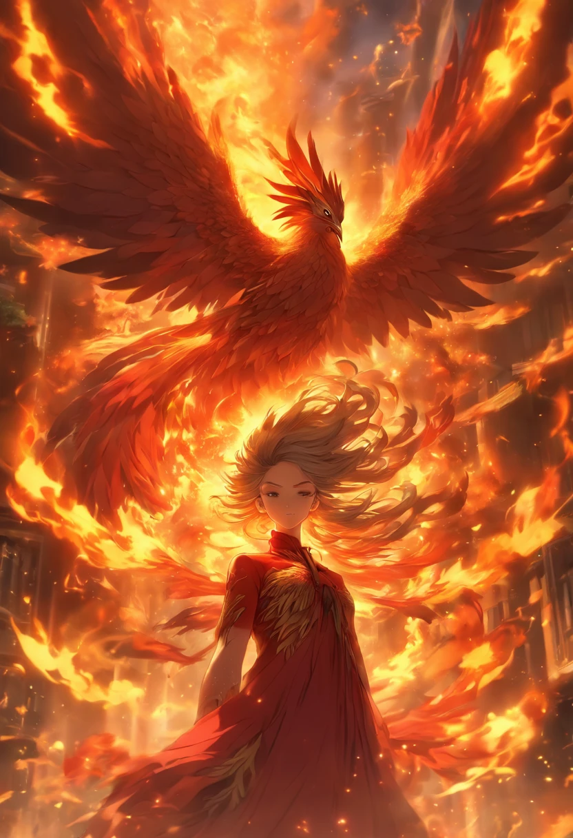 a woman in a red dress standing in front of a large bird, with fiery golden wings of flame, ornate with fiery explosions, artwork of a phoenix, ''wallpaper of a phoenix, ''wallpaper of a phoenix resting, with fiery golden wings, anime fantasy illustration, holy fire spell art, phoenix rising from the ashes, anime fantasy artwork, anime epic artwork