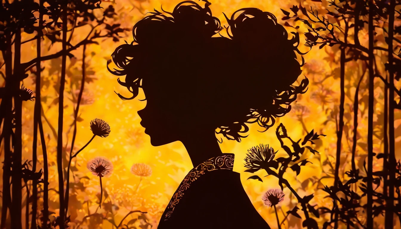 (Silhouette Art,cutouts:1.6)
(((Paper cutting art,A world where only black exists:1.3)
(Cowboy Shot),1 girl,Solo,
(Kimono Girl,profile:1.2),white, Clear and beautiful face,
BREAK
(Yellow dandelion、Horsetail)
Textured glass background,